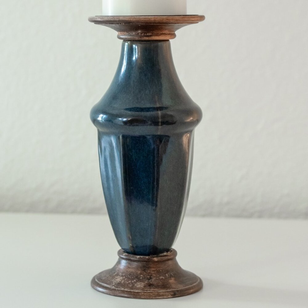 Vintage Zodax Glazed Ceramic and Wood Candle Stand